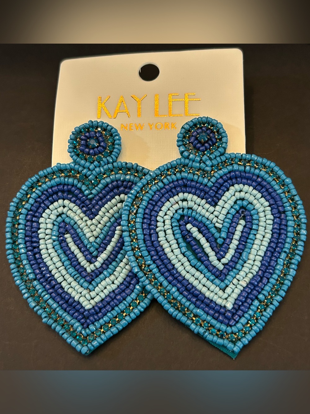 Kay Lee Blue Hand Crafted Boho Design Beaded Heart 💙 Drop Earrings